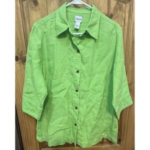 Chico's Linen Button‎ Up Shirt Women's Size 2 L Green 3/4 Sleeve Collared